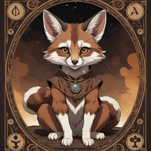 Prompt: tarot card Anime illustration, Alinor Ringtail with rusty-brown and dark-brown palette