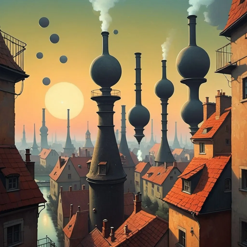 Prompt: floating balls of gas with chimney stacks in Gediminas Pranckevicius art style
