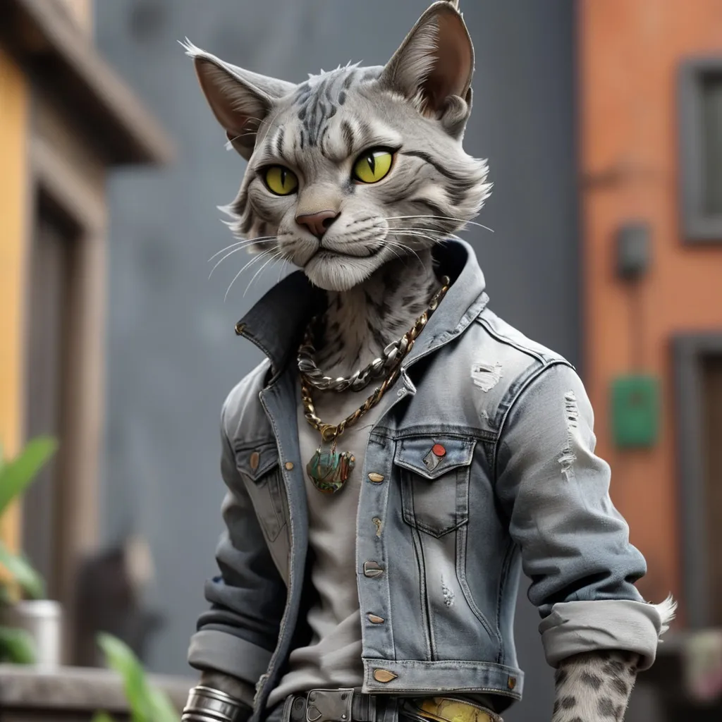 Prompt: Tabaxi wearing acid-washed Jeans, colors are shades of grey, looking like a bad boy, best quality, masterpiece