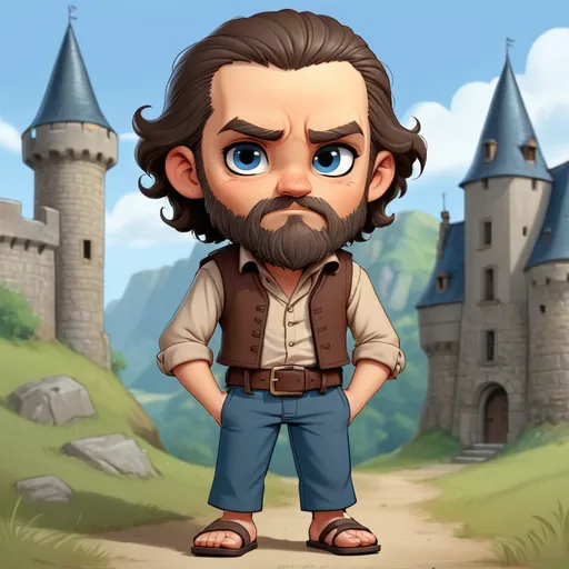 Prompt: Abel Mathis is a breton who lives near a castle he has a buzz cutt with a thick black beard and wears brown pants belt and vest with a long dull-blue shirt and sandals, in chibi art style