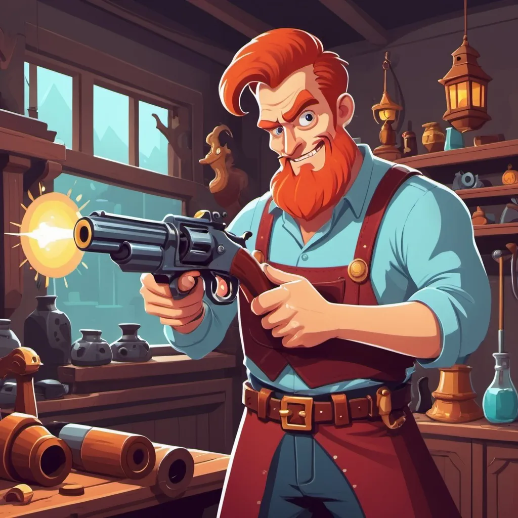 Prompt: Magic Gunsmith in monster vector cartoon illustration art style