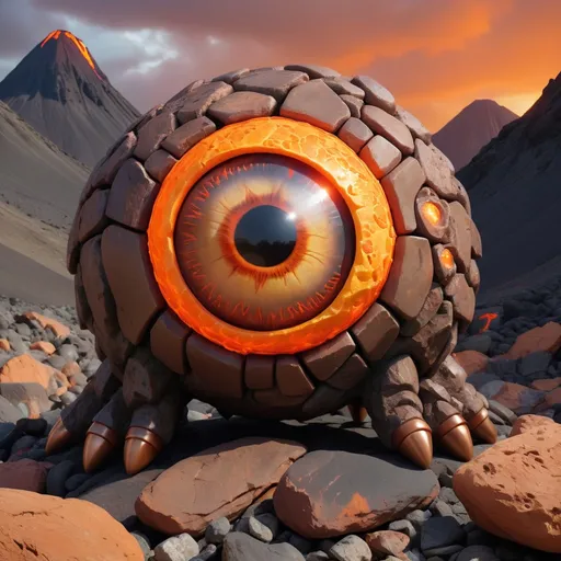 Prompt: Giant Eyeball monster made of brown and bronze rocks and covered in glowing orange demonic markings, best quality, masterpiece, background volcanic landscape