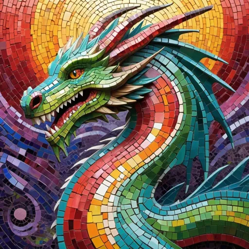 Prompt: Vibrocrusher Dragon in symbolism vibrant mosaic art style