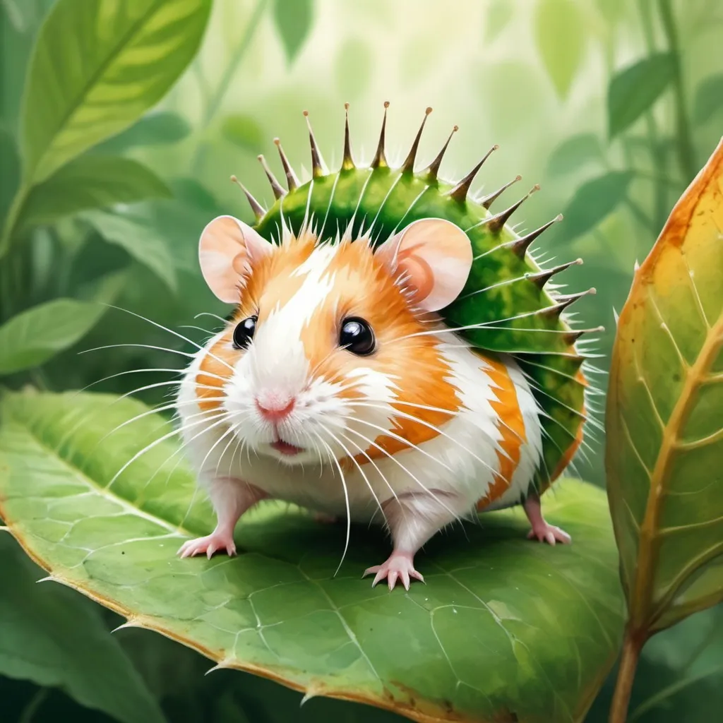 Prompt: Aphid-Hamster fusion-hybrid with soft orange brown and white fur and a bright green exoskeleton with really long antennae and spiny legs, on a large leaf in the jungle, in watercolor painting art style