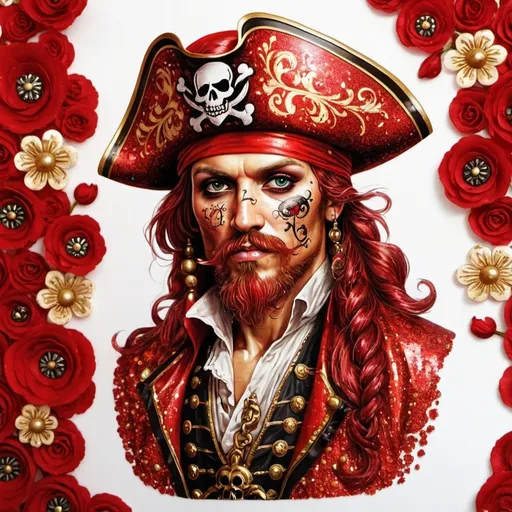 Prompt: red glitter pirate in Khokhloma art style