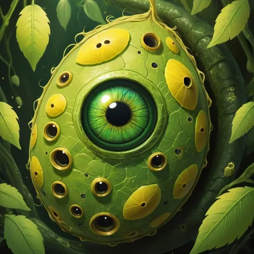 Prompt: A green cocoon with eyes that is surrounded by yellow stun spores, in card art style