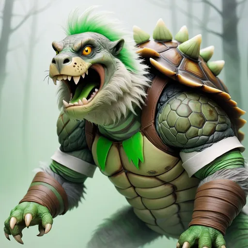 Prompt: Werewolf with green and white fur with light green stripes and a brown turtle bombshell, in mist and fog, Masterpiece, Best Quality