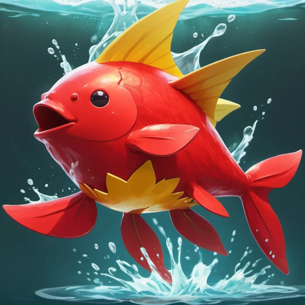 Prompt: A bright red karp with yellow in the water flailing for all it is worth, in card art style
