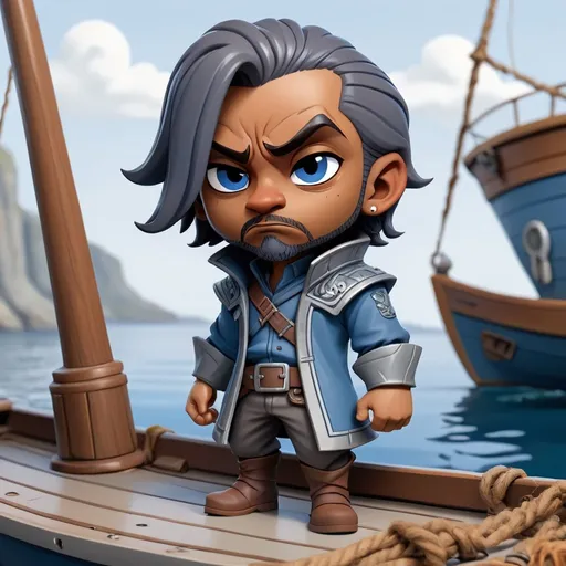 Prompt: Shady Syron a Redguard outlaw wearing grey-blue and blue outfit lurking near a boat with ill intentions on his mind, in chibi art style