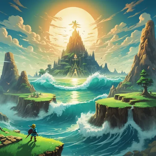 Prompt: A land rising from the ocean being created magical and untamed, in zelda art style