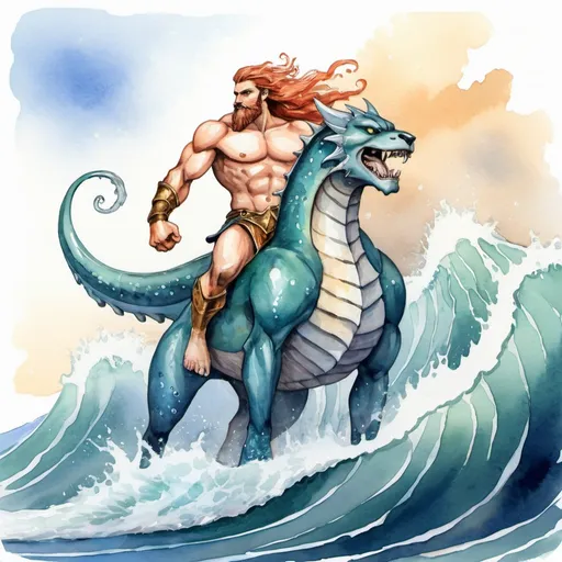 Prompt: Triton riding the waves, watercolor painting art style