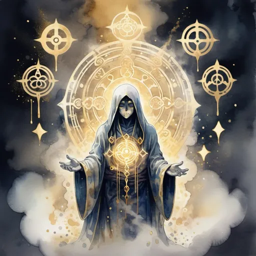 Prompt: Sacred Ghost that is covered with glowing spiritualistic symbols surrounded by glowing gold and silver mist in watercolor anime art style
