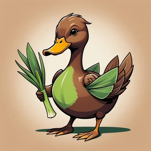 Prompt: A brown duck with a leek and a V tattoo it uses its leek to smash pots in reckless abandon, in card art style
