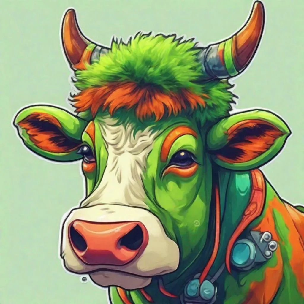 Prompt: Cow, vivid green fur with a orange and red belly fur, pointed ears, and alien green antennae, masterpiece, best quality, in sticker art style
