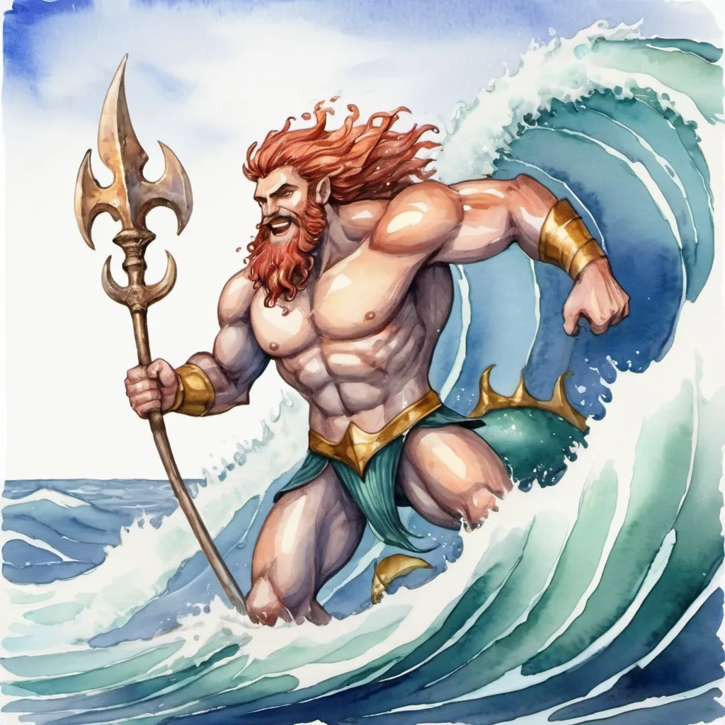 Prompt: Triton riding the waves, watercolor painting art style