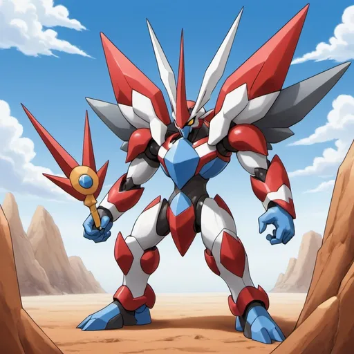 Prompt: Allomon (X-Antibody) with blue sky-blue red white brown and gray palette in Ken Sugimori art style