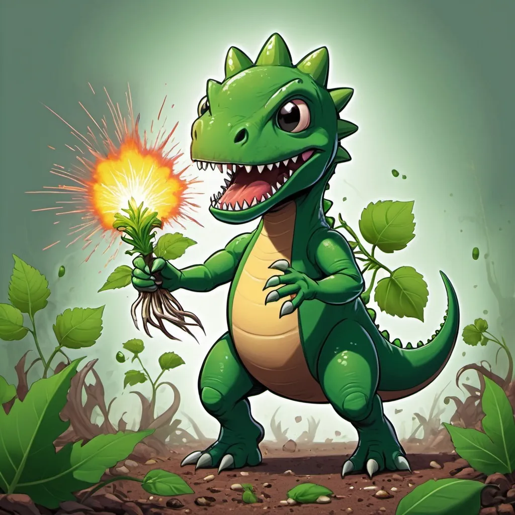 Prompt: frogo-dino-thing with a green flower bulb on back shooting out leech seeds that grasp and grow into vine explosions, in card art style
