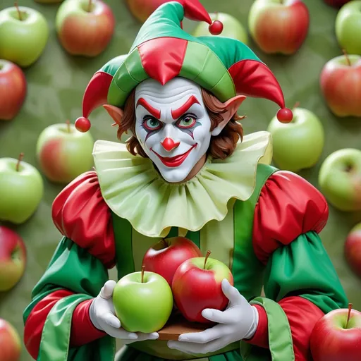 Prompt: Jester, costume colors are clear green and translucent red, apples, background giant apples, masterpiece, best quality