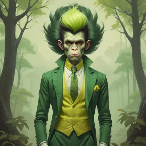 Prompt: yellow and green monkey man with green pants and gloves and a insane high hairstyle in Tom Bagshaw art style
