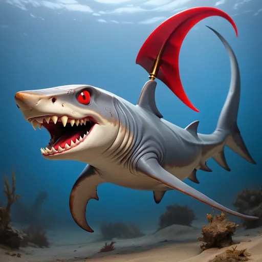 Prompt: Hammerhead Shark in blue-grey and brown with vivid red eyes  horns and a long tail with a golden scythe on the end, best quality, masterpiece