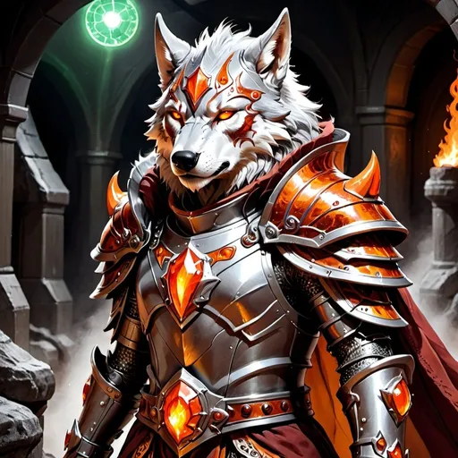 Prompt: A Furry dressed in Balthazar's Regalia Outfit with brown-green and silver armor inlaid with magma-orange veins wolf-like-head-metal shoulders and a multi horned helm with glowing orange eyes and a red jagged cape
