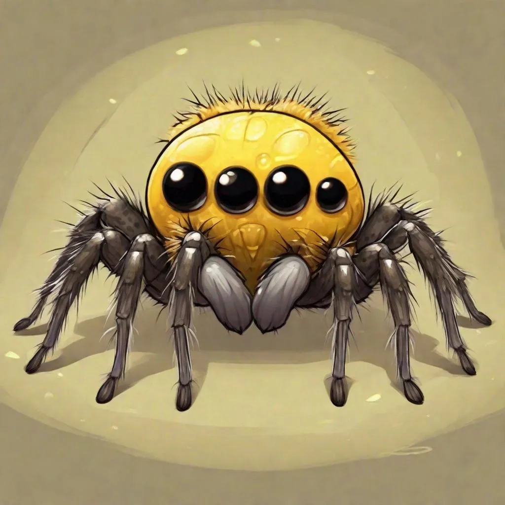 Prompt: Jumping Spider, big black eyes, grub-like tan body, yellow legs, kawaii, masterpiece, best quality, in cartoon art style
