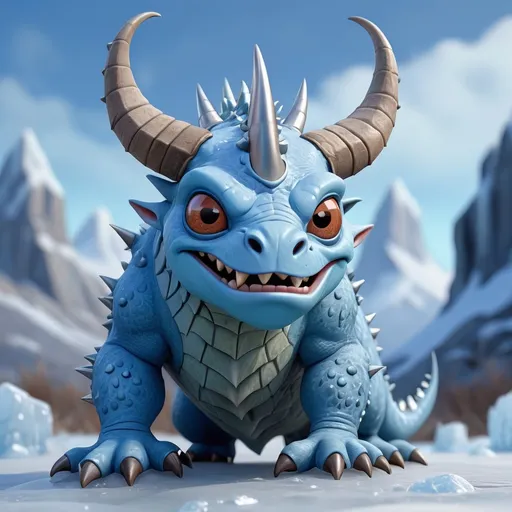 Prompt: Honor the Guar is a small passive creature that is covered ice blue and blue scales with spikes and horns and lives in coldharbour, in 3d cartoon art style, background icy blue skies and harsh spiked landscape cast in gloom and blue
