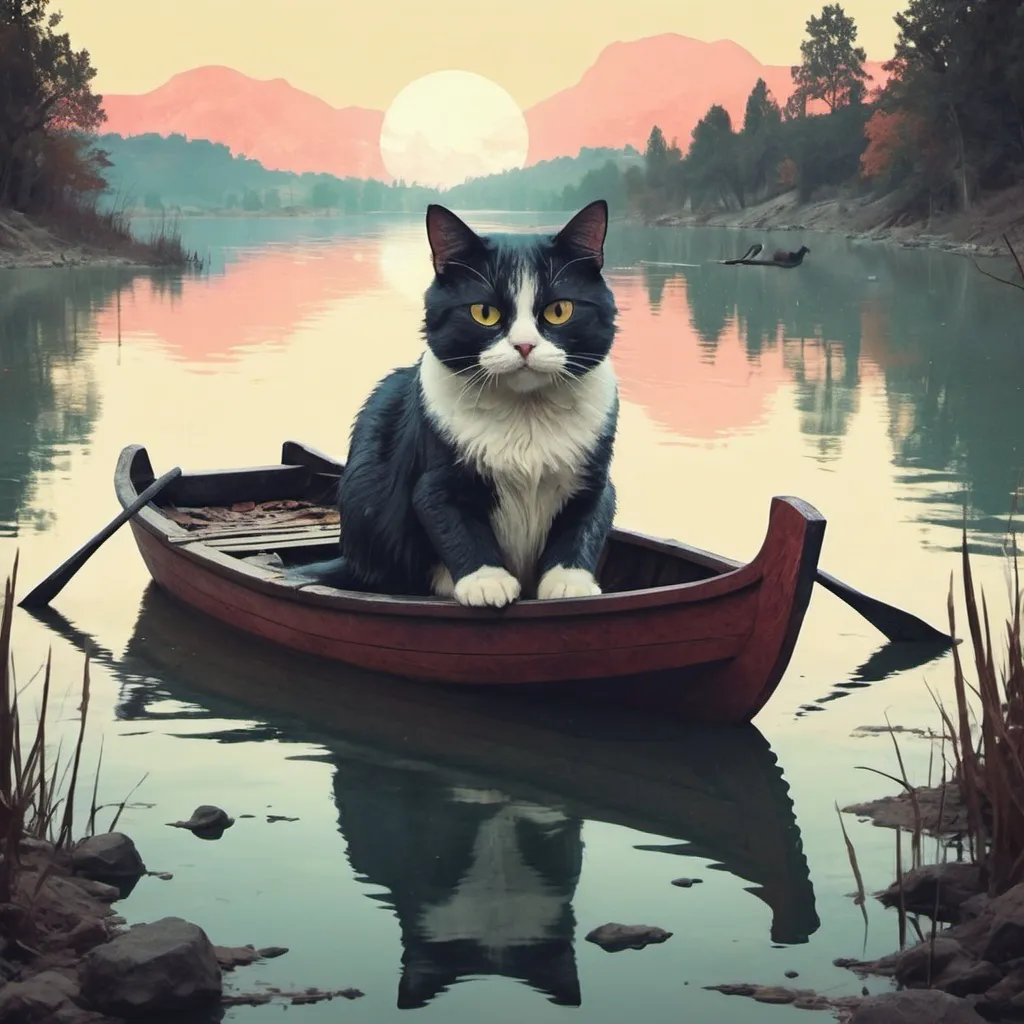 Prompt: Lake of the Dead	 in cat art style