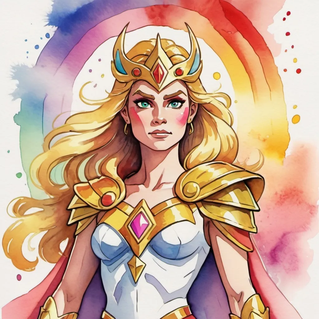 Prompt: She-Ra in rainbows and gold, in watercolor painting art style
