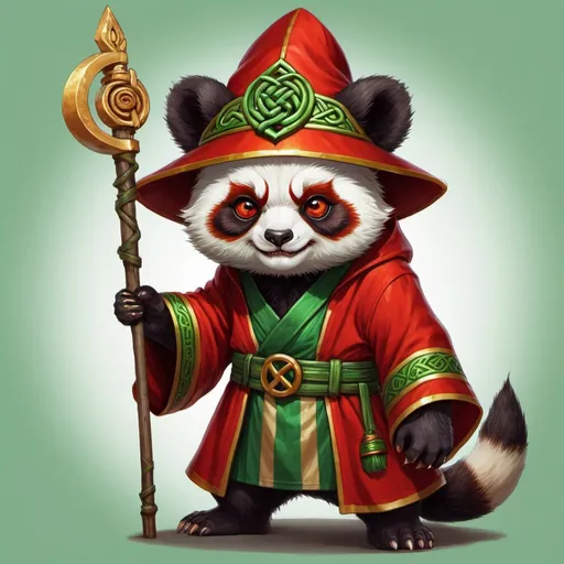 Prompt: Red panda with green stripes and goblin-like ears with crazy red eyes and dressed in red cult-like robes and hat with gold trim in Celtic art style