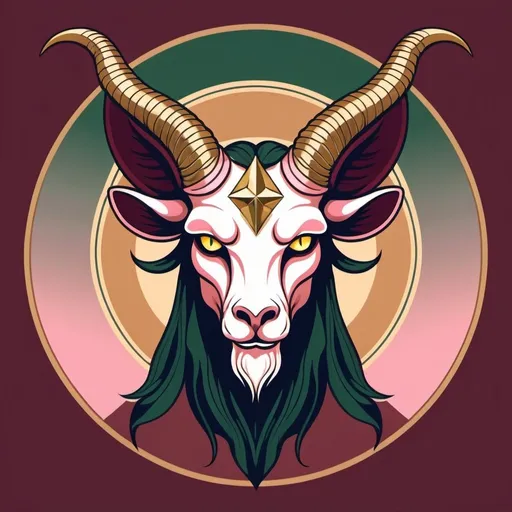 Prompt: Baphomet with brown gold-brown tan light-tan dark-green navy-blue maroon gold silver and pink  color palette with background in classic cartoon art style