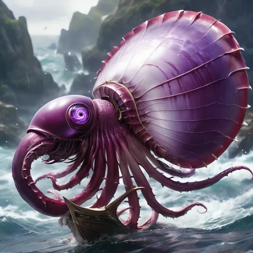 Prompt: Nautilus with a dark purple-red shell with a single purple eye and purple tentacles and covered in blades with blade wings, Masterpiece, Best Quality