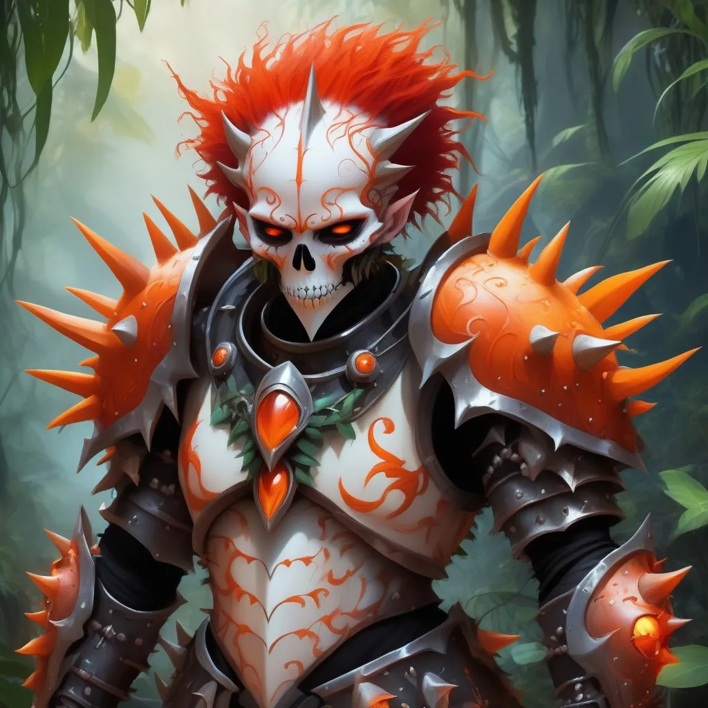 Prompt: Fairy with orange-red skin and solid black eyes covered in  spiked bone and orange vine armor, background crazy colored jungle, masterpiece, best quality