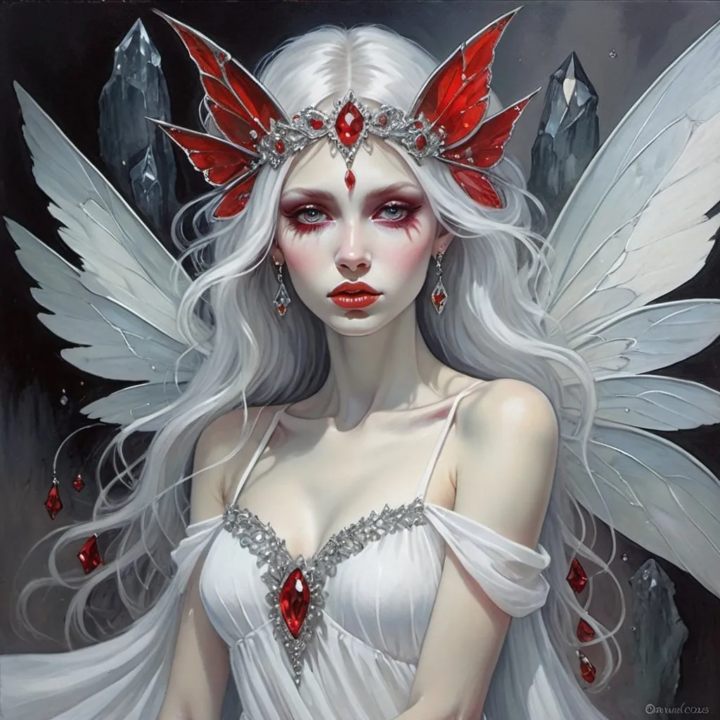 Prompt: rock fairy with silver-gray skin and red gem eyes wearing a flowing white dress and a crystal head dress in Dorina Costras art style
