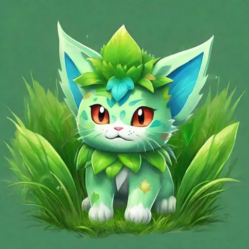 Prompt: Cat Ivysaur, Type is grass fairy, fairy wings, best quality, masterpiece, in the grass, in cartoon art style