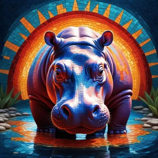 Prompt:  A hippo that resides in magma pools in vibrant mosaic art style
