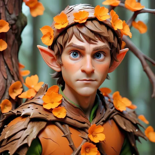 Prompt: Elf with brown bark skin and covered in orange petals and brown ragged branches, Masterpiece, Best Quality, background Forest