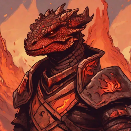 Prompt: Argonian covered in red and orange flames, by lava, best quality, masterpiece, in cartoon art style
