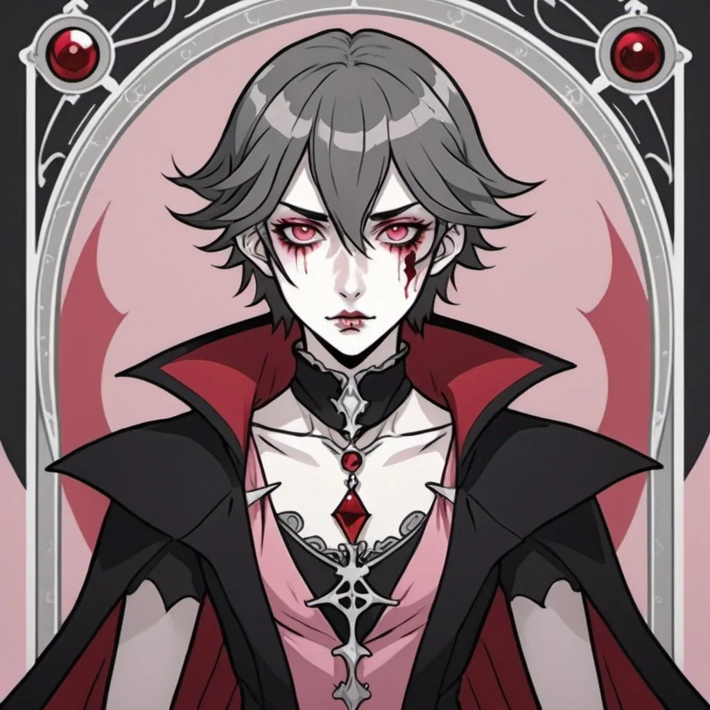 Prompt: tarot card Anime illustration, Ash Vampire with gray-pink red and black palette