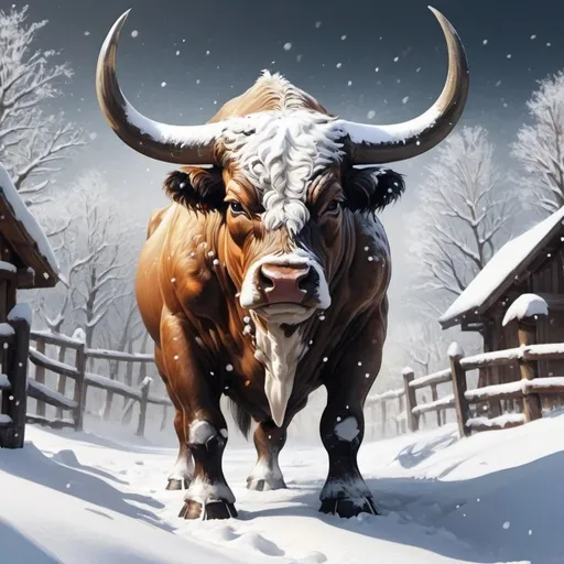 Prompt: snow and fantasy in bull art style