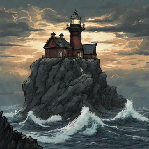 Prompt: Anvil Lighthouse, sinister, In niji art style, best quality, masterpiece