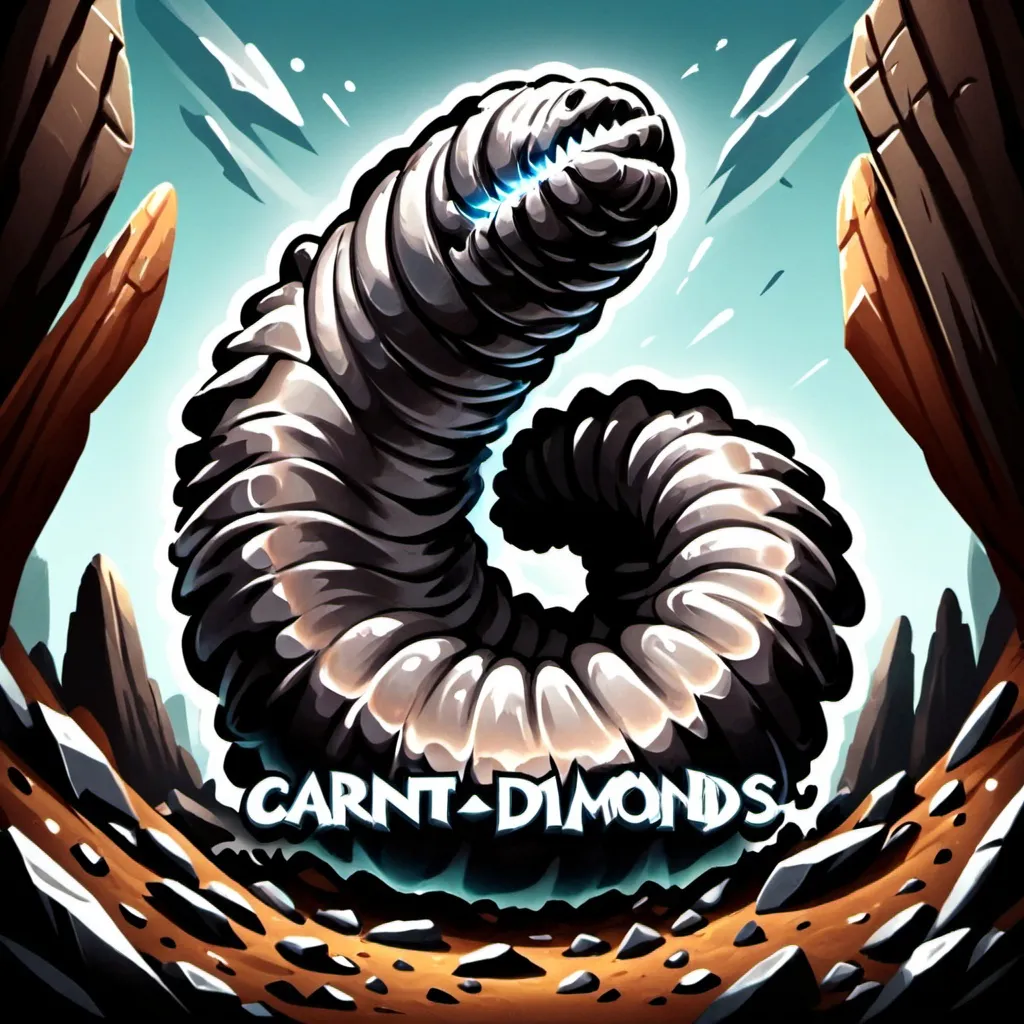 Prompt: A giant gray rock worm as hard as diamonds tossing rocks around with its tail, in card art style
