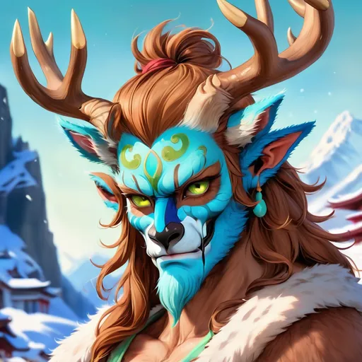 Prompt: Deer with brown and light-green fur with a fuzzy tan fur mane and brown horn-antlers with a blue and gray oni-mask, background temple