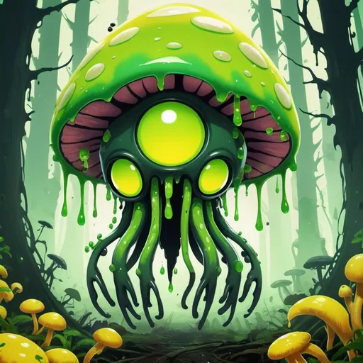 Prompt: Myconid of toxic greens and yellows and glowing green eyes and claws that is dripping acid from its pores and mushrooms, background toxic forest, in splatoon art style