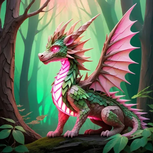 Prompt: Fairy Dragon with brown-bark like scales with tan spikes green leaf-like wings glowing pink eyes and glowing pink mist-like mane, background fairy forest, in cubism art style