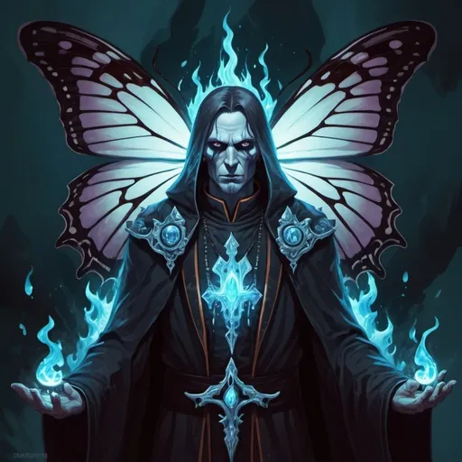 Prompt: Charaton Iceflame Priest in horror butterfly  art style