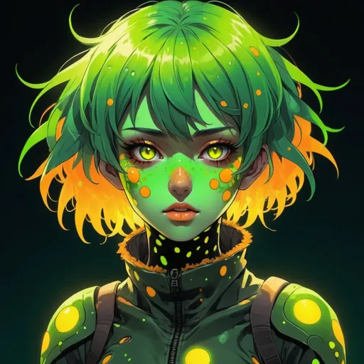 Prompt: Parasite  Anime Girl with neon-green skin covered in glowing yellow-orange spots and frizzy neon green hair wearing a battle-dress made out of a parasite green with orange spots, background glowing dark, in comic art style
