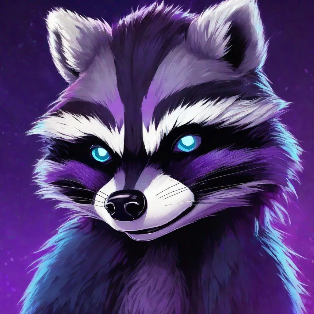 Prompt: Raccoon, deep purple fur with black stripes, ice blue mane fluffy, violet face and hands, fierce and powerful, masterpiece, best quality, in anime art style