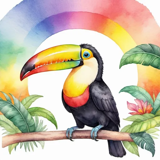 Prompt: Toucan in rainbows, watercolor painting art style