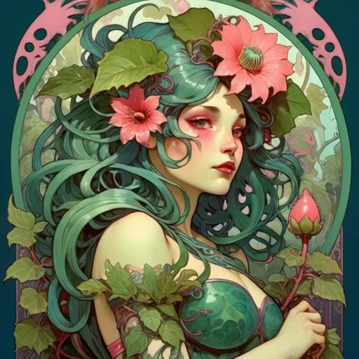 Prompt: A blue-green skinned Alraune monster girl with a large pink rafflesia flower with multi-layers of jagged leaves on her back with vines with a pink flower on her head and dark blue-green face markings red eyes and dressed in leaf and vine armor
